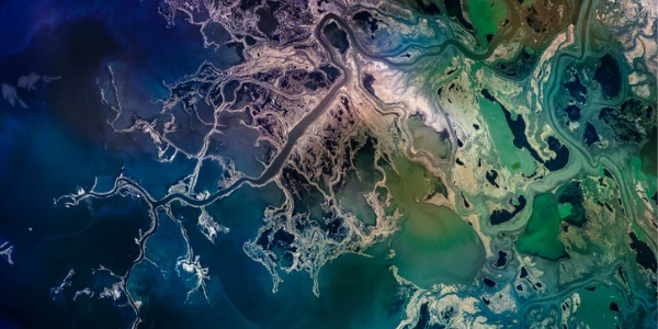 A satellite view of a river to help geologists gather data.